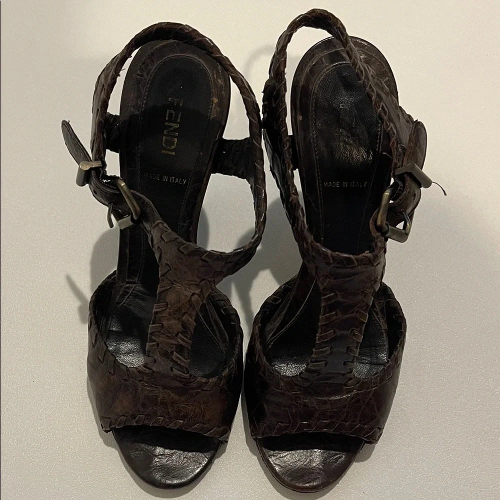 Fendi Zeppa Capra Pergamena Dark Brown Braided Wedge Sandals - Picture 2 of 9